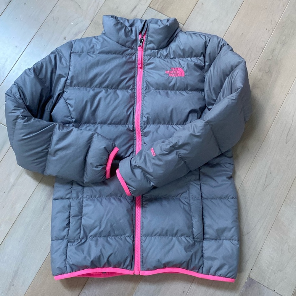 The North Face Kids Gray Puffer Jacket with Pink Trim